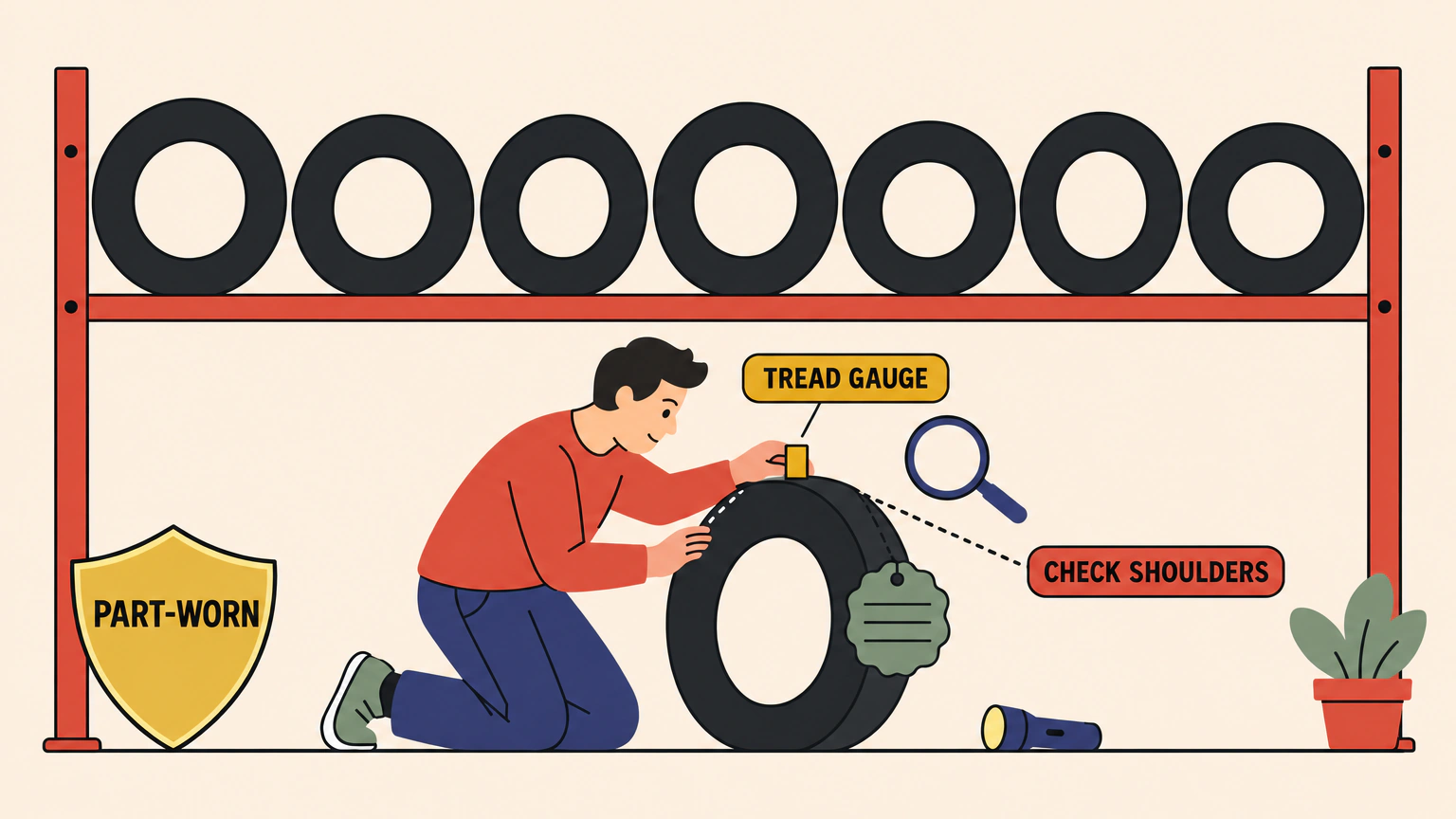 A wall rack of seven tyres above a forecourt floor, where a kneeling customer holds a tread gauge against the shoulder of a propped tyre, with the labels PART-WORN, TREAD GAUGE and CHECK SHOULDERS.