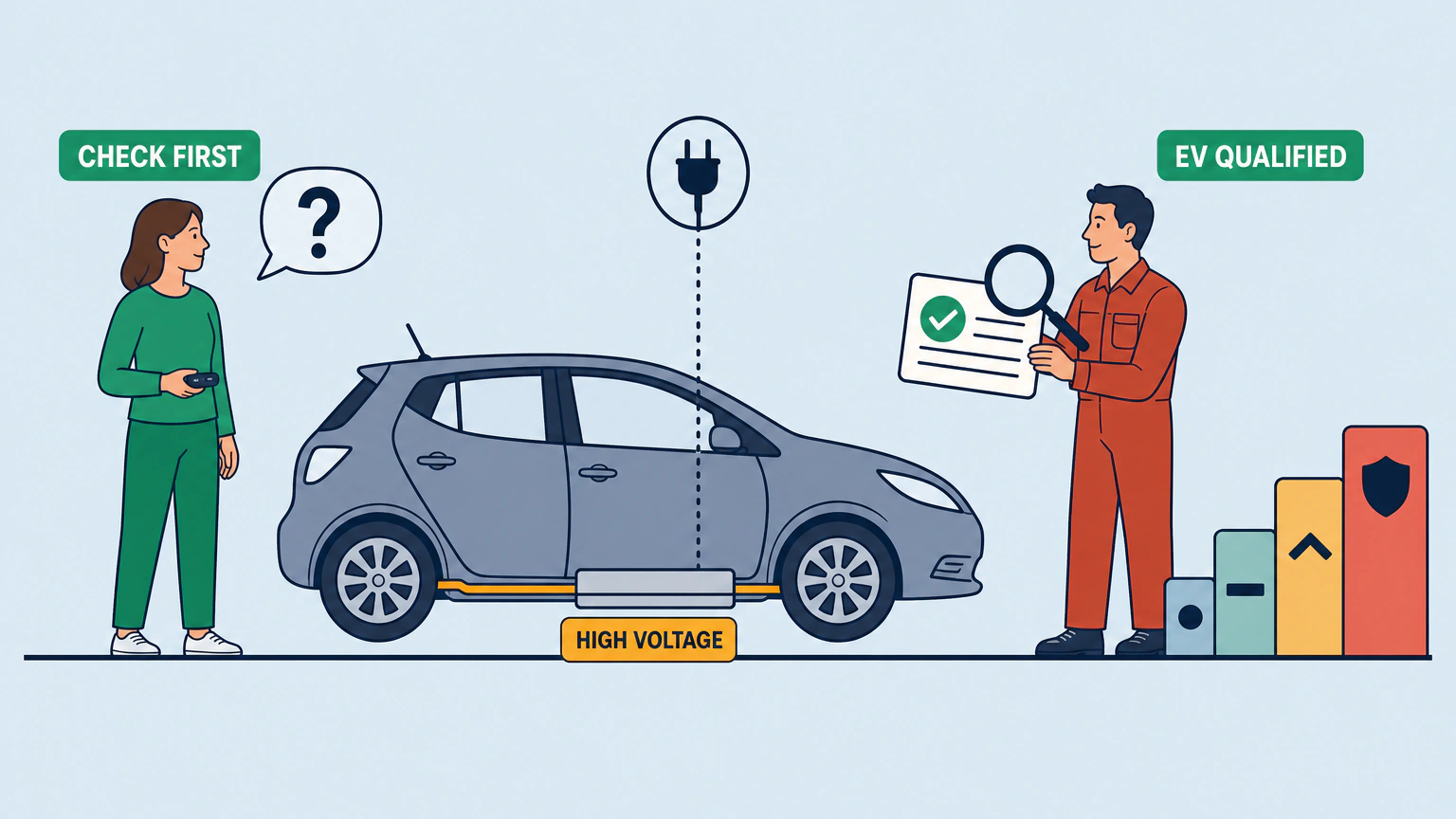Flat vector illustration of a woman holding a car key beside a compact electric hatchback, with an orange high-voltage cable running to a battery pack under the floor, while a technician in overalls holds up a credential card carrying a tick badge for her to check.