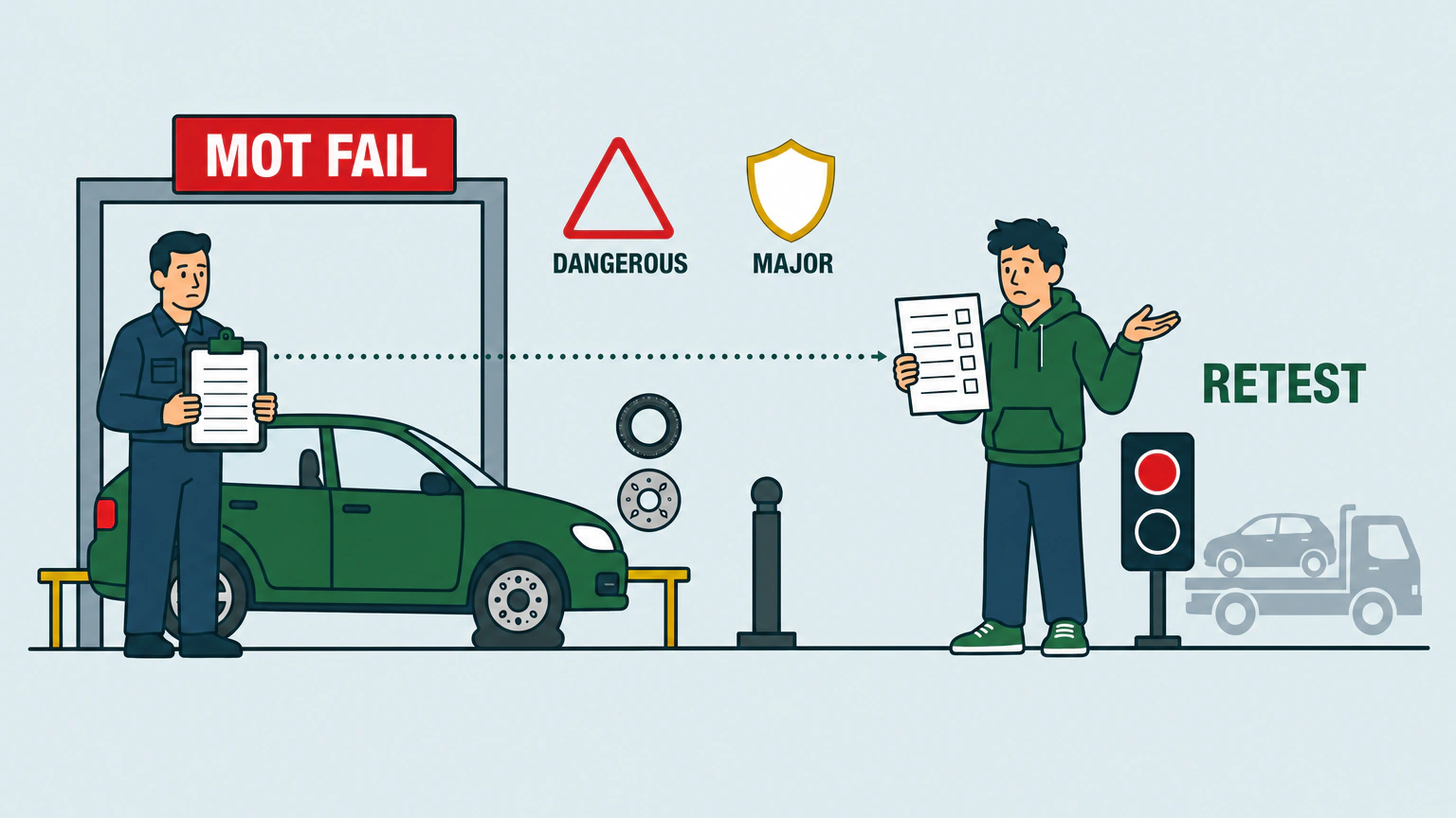Flat vector illustration of a driver on a garage forecourt studying an MOT refusal notice while a technician in overalls stands beside a car in a test bay holding a clipboard, with a warning triangle badge, a shield badge and tyre and brake disc icons above the car, and a recovery truck outlined at the edge of the frame.
