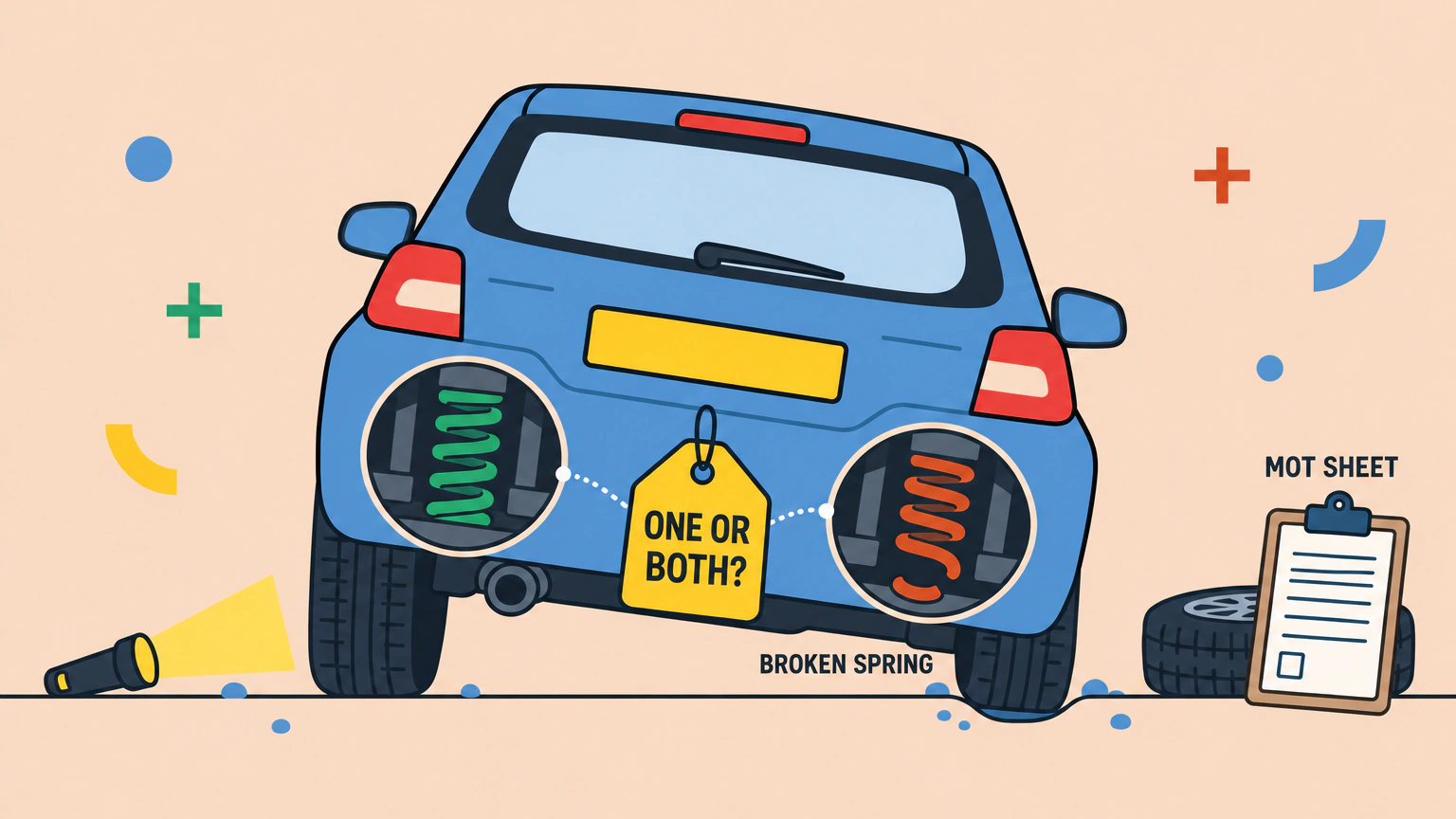 A small hatchback seen from behind, sitting lower on one side. Cutaway windows over the rear wheels show a sound coil spring on the left and a broken one on the right, with a price tag hanging between them asking whether the quote is for one spring or both, and an MOT sheet on a clipboard beside the car.