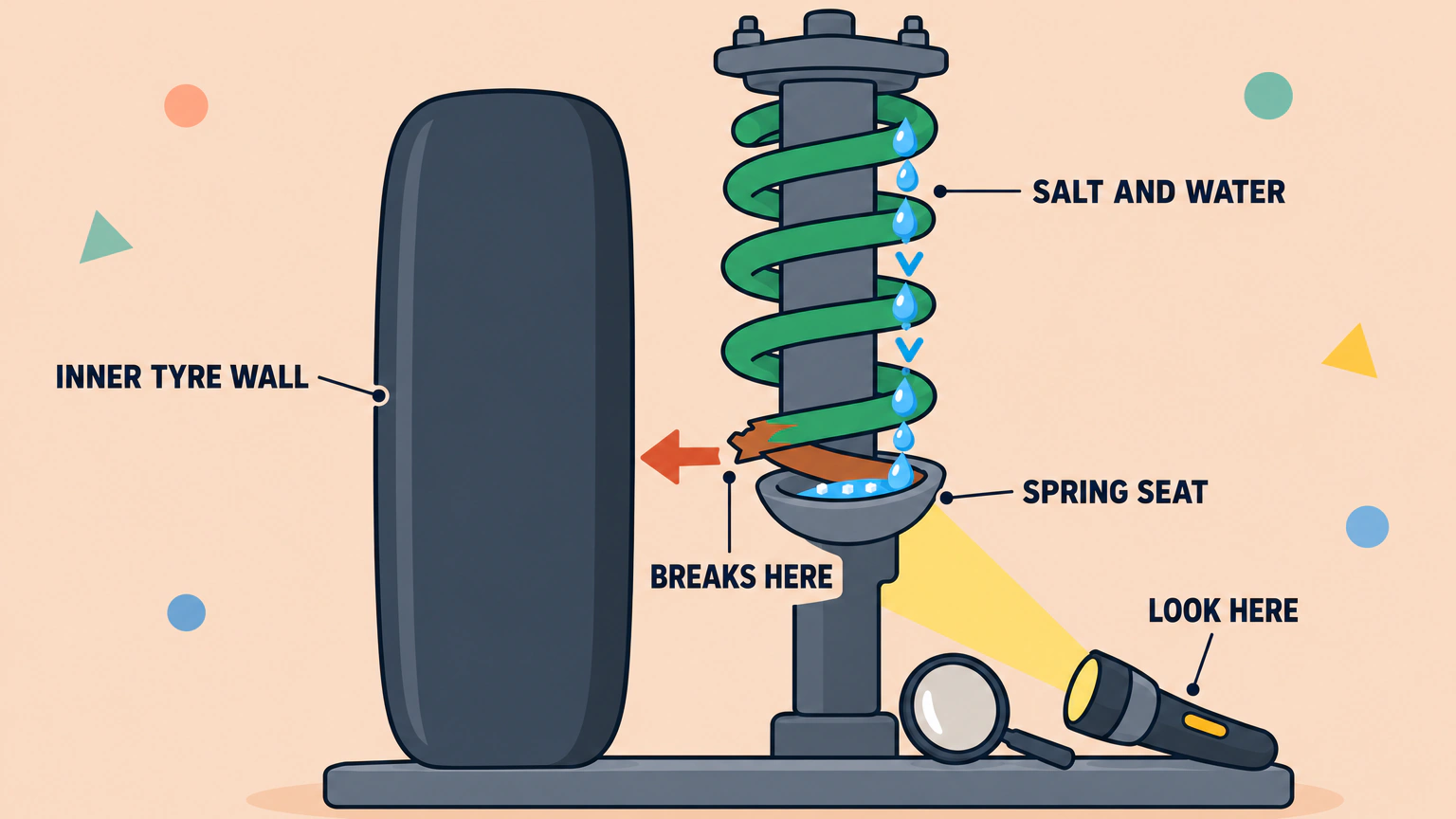 A cutaway of one front suspension strut beside its tyre. Drops of salty water run down the coil spring and pool in the seat it rests in at the bottom. The lowest coil has rusted and snapped, and its broken end points at the inner wall of the tyre. A torch shines on the seat, the place to look.