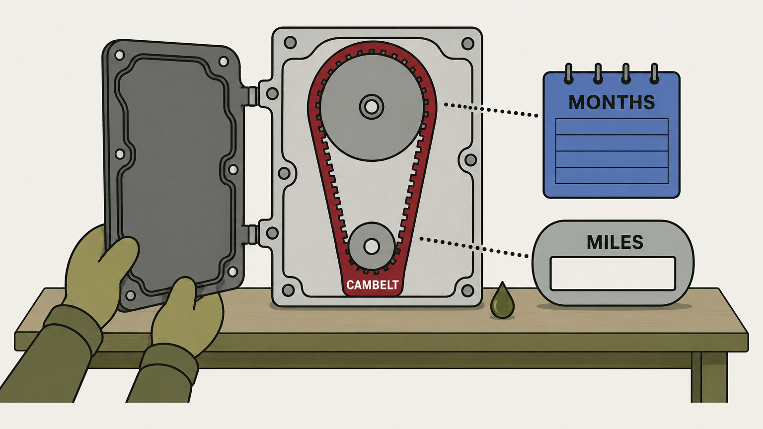 A flat illustration of a workbench. In the centre stands the front end of an engine with its timing cover hinged open like a door, showing a toothed cambelt running around a large pulley and a small one, labelled CAMBELT. Dotted lines run from the belt across to a squared calendar block labelled MONTHS and a rounded odometer drum labelled MILES, both standing on the same bench. An oil drop and a curled offcut of toothed belt lie on the bench, and a pair of hands rests on the edge of the open cover.