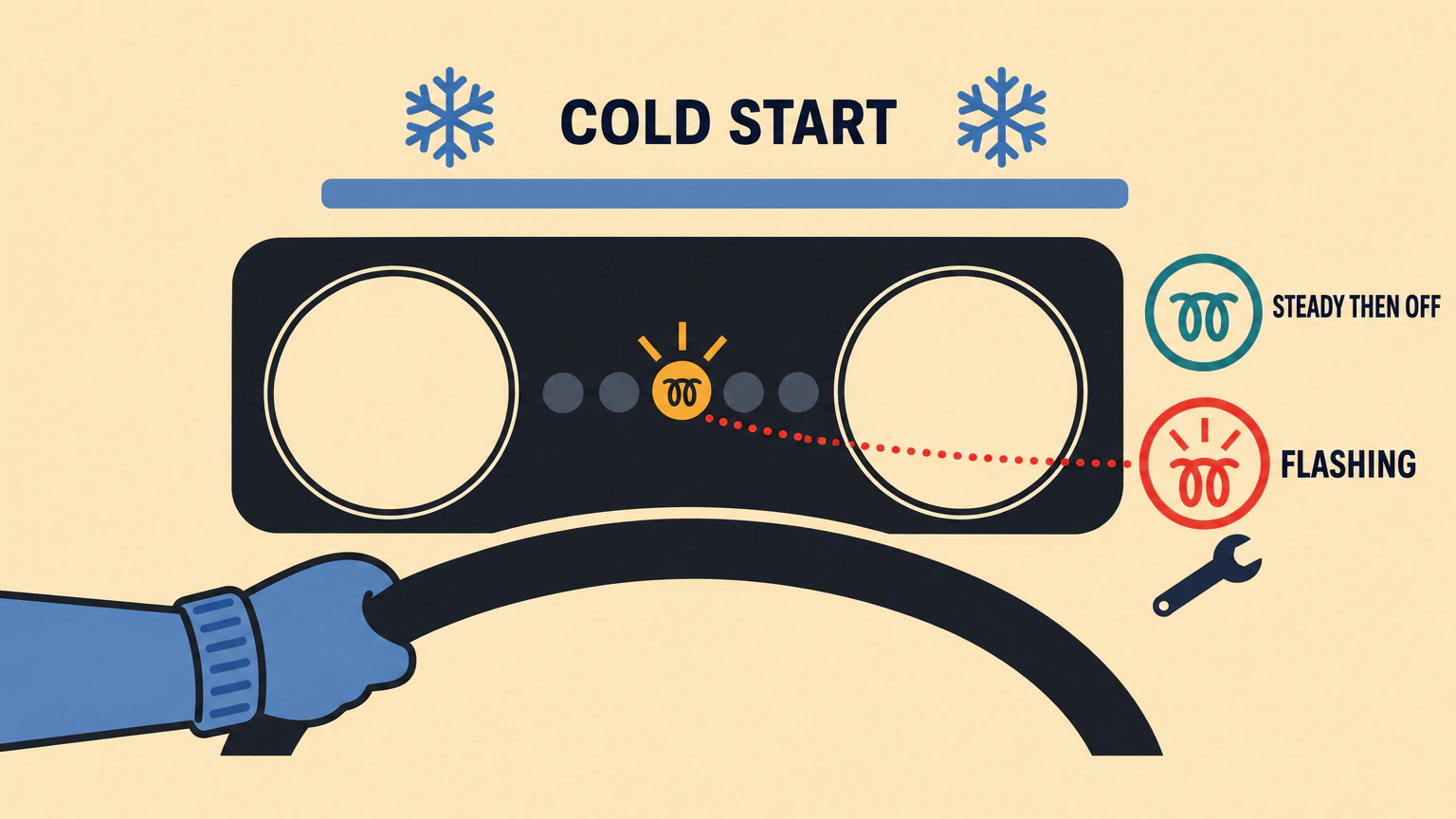 A driver's view over the steering wheel of a diesel on a frosty morning. On the dashboard one amber coil-shaped lamp is lit and flashing. Beside the dashboard, two badges compare the light that comes on steady then goes off, which is normal, with the light that flashes, which means a fault.