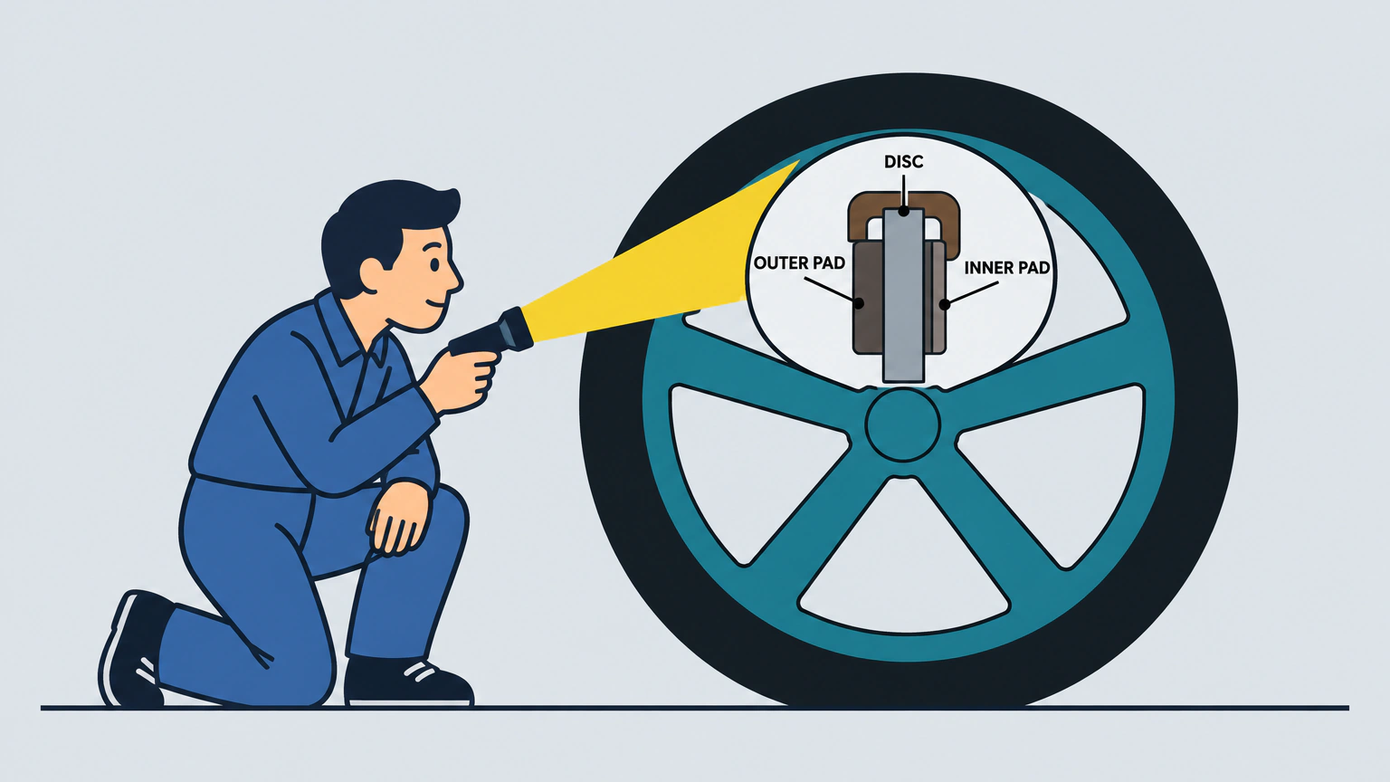 Flat illustration of a car wheel seen face on, with a cut-away window between two spokes revealing the brake disc, the caliper clamped over its top edge and the outer and inner pads, while a kneeling person shines a torch into the opening.