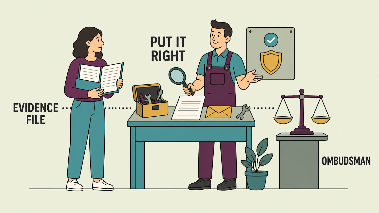 Flat illustration of a customer at a garage service counter holding a folder of documents, with a magnifying glass over the invoice, a mechanic explaining with an open palm, a shield badge on the noticeboard and a balance scale on a plinth.
