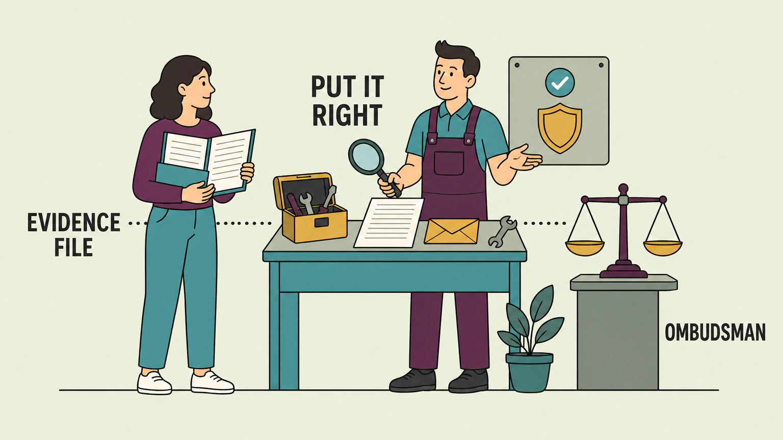 Flat illustration of a customer at a garage service counter holding a folder of documents, with a magnifying glass over the invoice, a mechanic explaining with an open palm, a shield badge on the noticeboard and a balance scale on a plinth.