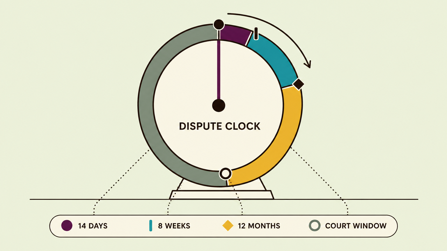 Flat illustration of a circular dispute clock dial split into four widening sectors, the needle in the narrowest one, with the sector labels 14 days, 8 weeks, 12 months and court window in a band beneath.