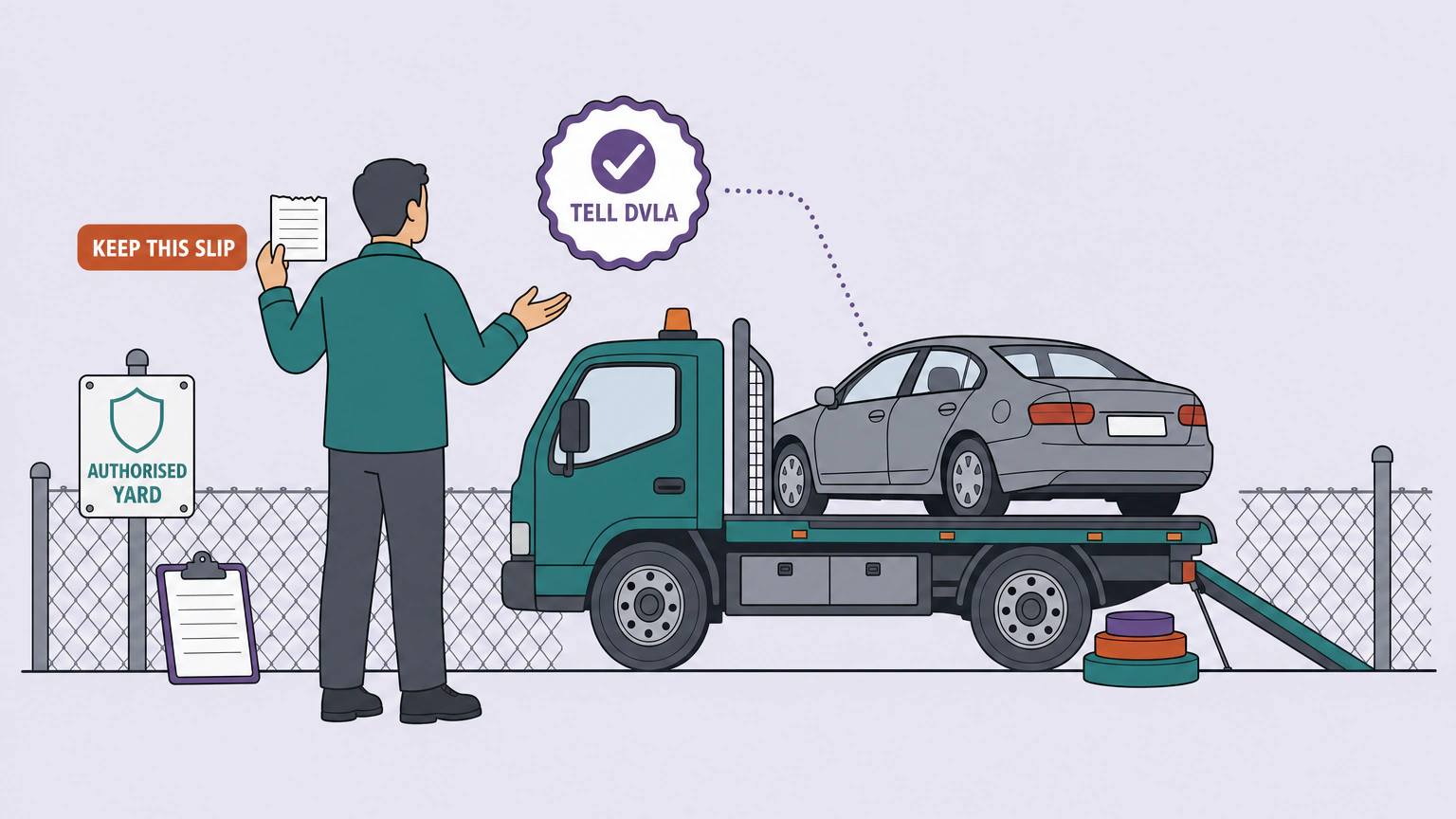Flat vector illustration of a car owner standing with their back part-turned, holding up a torn paper slip, while a tired saloon car sits loaded on a flatbed collection lorry behind them and a permit board is fixed to the yard fence.