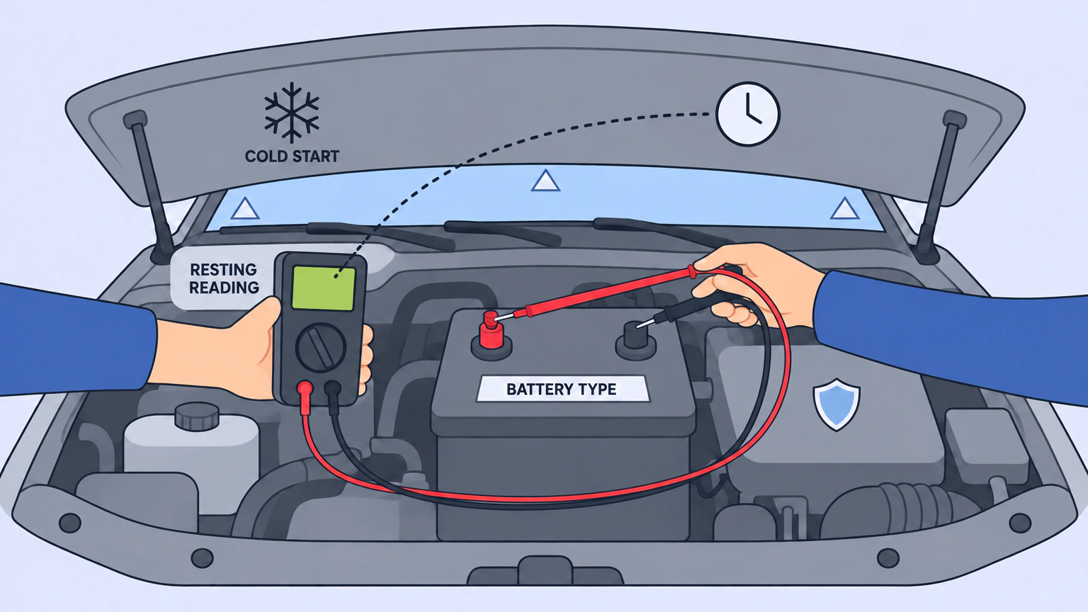 Looking down into an open engine bay under a raised bonnet on a frosty morning. Two hands hold a meter and its probe leads against the two terminals of a car battery, taking a resting reading. A label on the battery reads battery type, a snowflake is marked cold start, and a small clock hints at waiting before you measure.