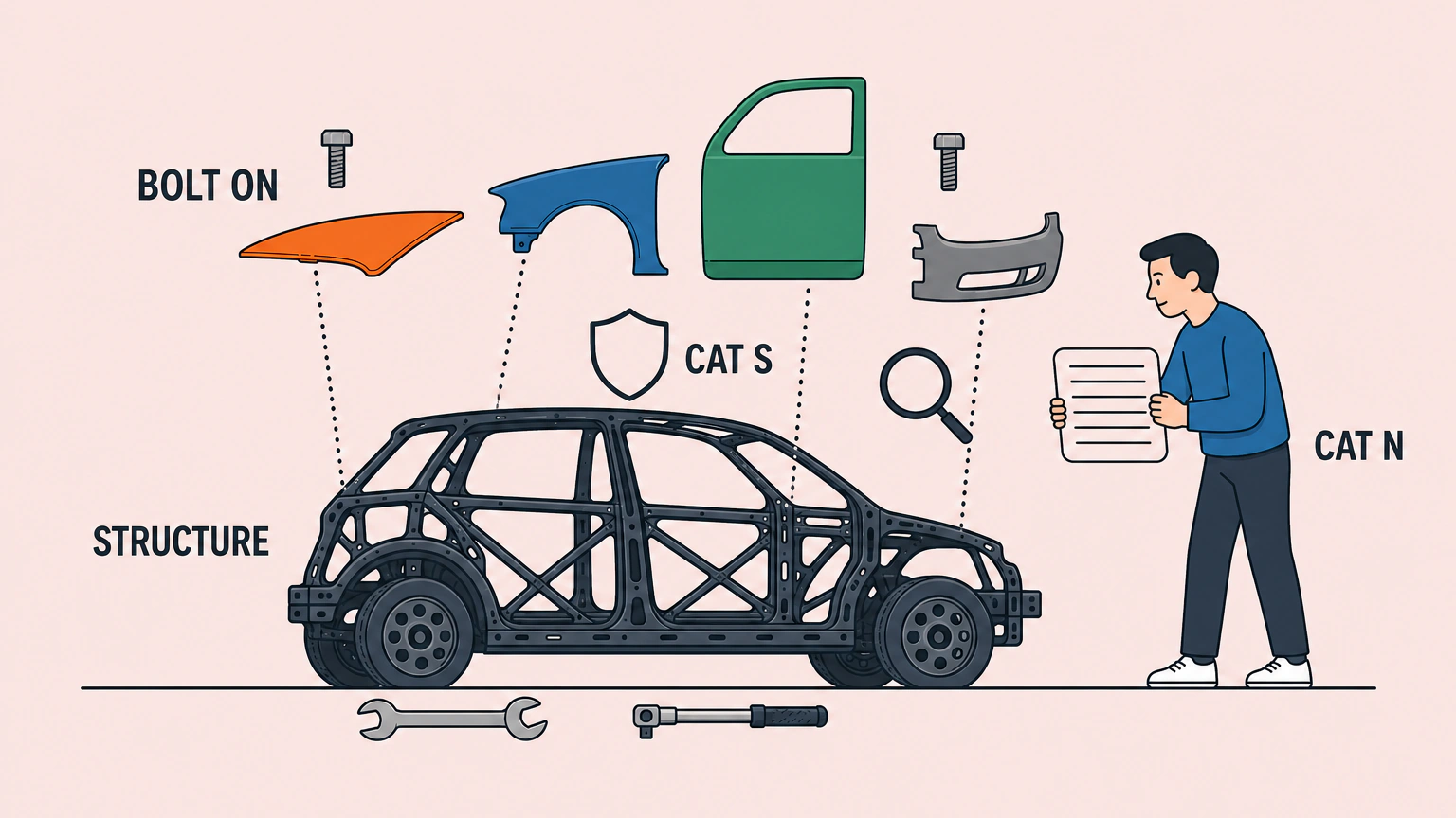 Flat vector illustration of a car drawn as two separated shells. A heavy dark inner frame of posts, sills and rails sits on a ground line, labelled STRUCTURE, while a bonnet, front wing, door and bumper float away from it, labelled BOLT ON, each linked back by a dotted line. A person holding a blank document card looks towards the inner frame, with a magnifying glass hovering over it and the labels CAT S and CAT N nearby.