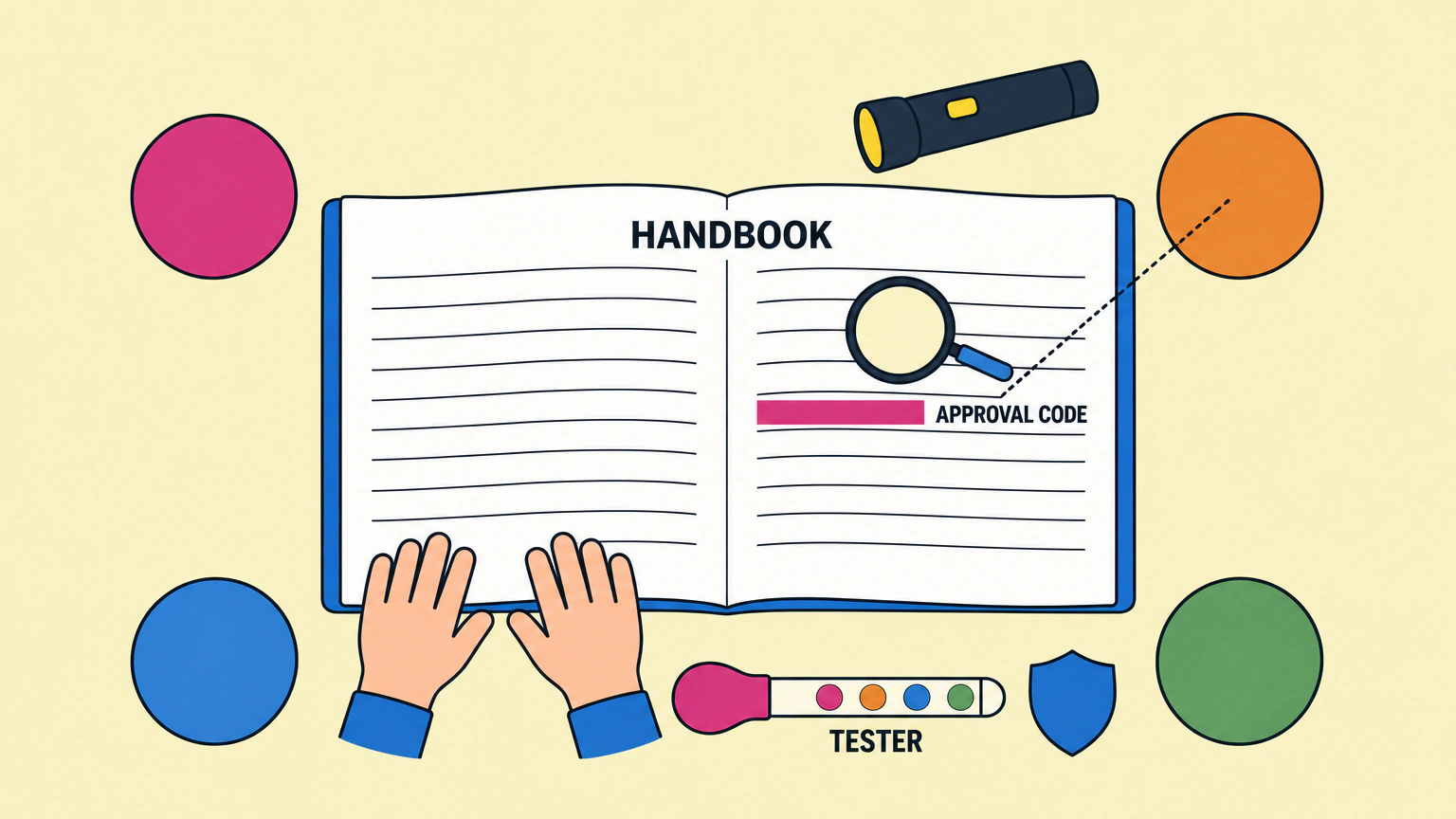 A workbench seen from directly above. An open car handbook lies in the centre with one line on its right page highlighted and labelled approval code. Four coolant bottles sit at the corners, seen from above as four plain caps in pink, orange, blue and green, none of them labelled. A dotted line runs from the highlighted line to just one of the four caps. A tester tube lies below the handbook, and two hands rest on the open page.