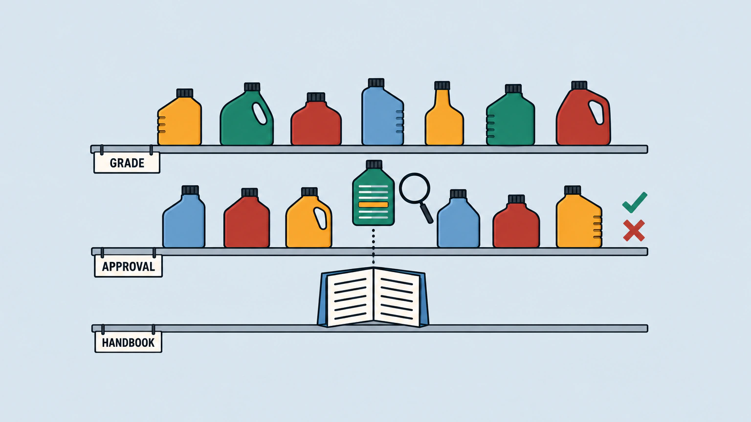 A shop shelf unit seen straight on, with three shelves. The top shelf, labelled GRADE, holds a row of seven plain oil bottles in different shapes and colours. On the middle shelf, labelled APPROVAL, one green bottle is lifted clear of the row and turned to show a back label of ruled lines with one line picked out in amber, a magnifying glass beside it and a tick and a cross to its right. A dotted line runs down from that bottle to an open handbook standing on the bottom shelf, labelled HANDBOOK.