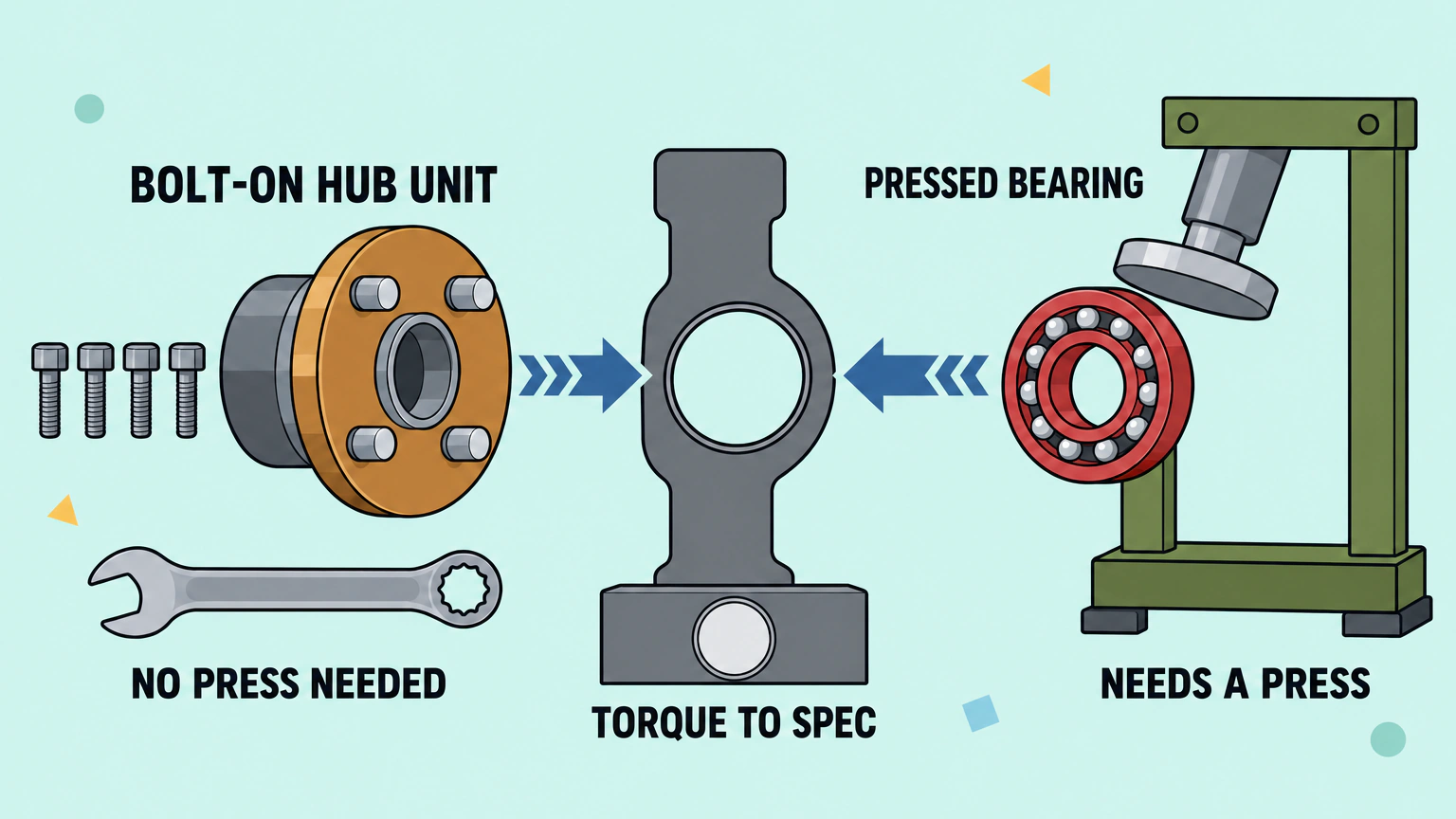 One steering hub carrier in the centre, with two ways a new wheel bearing can arrive. From the left, a complete hub unit that simply bolts on with a spanner, no press needed. From the right, a bare bearing ring pushed into place by a heavy press. Both have to be tightened to the carmaker's torque figure.